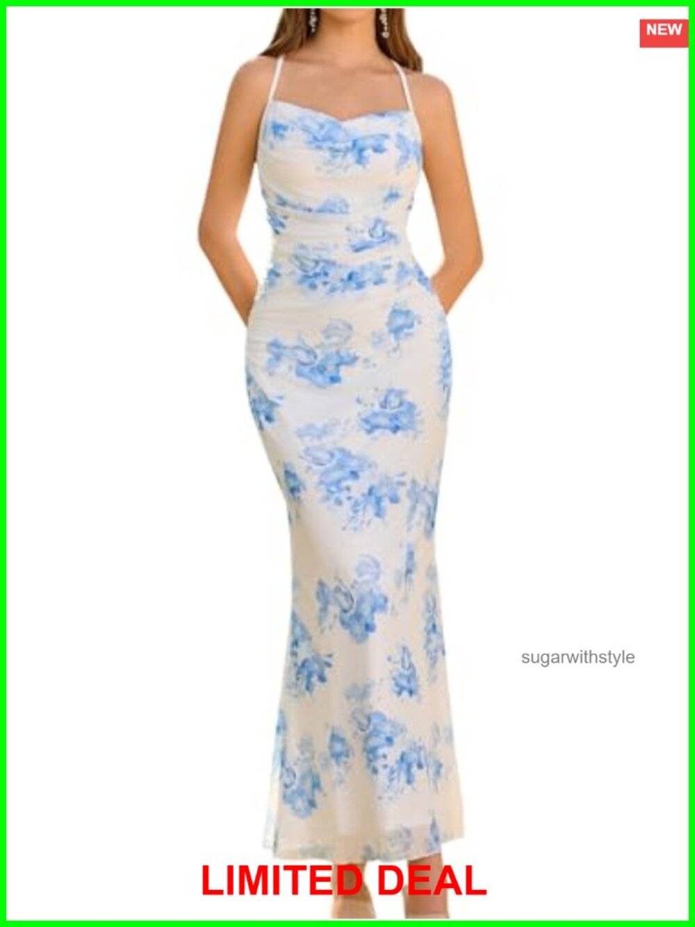 Floral Maxi Bodycon Dress Ruched Mesh Spaghetti Strap Wedding Guest